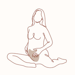 Pregnant woman sitting holding her pregnant belly one line drawing. Pregnant woman sitting holding her pregnant belly single line illustration. Pregnant woman sitting holding her pregnant belly minima