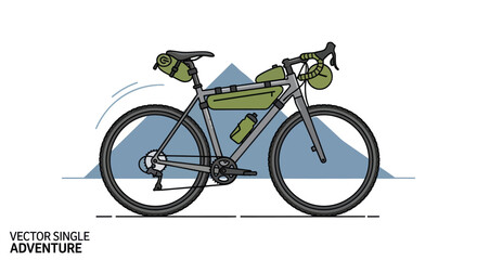 Adventure bicycle equipped for bikepacking with frame bags and saddlebags.