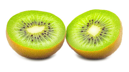 Fototapeta premium Two kiwi fruits are cut in half and placed on a white background