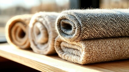 Close-up of rolled blankets of different colors on a wooden surface, illuminated by warm sunlight.