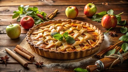 A delectable lattice-top apple pie, baked to golden perfection, sits on a rustic wooden surface surrounded by fresh apples, cinnamon sticks, and star anise, creating a mouthwatering autumnal scene.