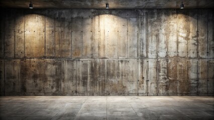 Empty industrial space with textured concrete wall and floor, illuminated by overhead lights
