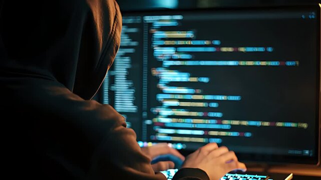 Hacker typing laptop coding programming cyber crime software developer night office - Powered by Adobe