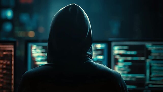 Hacker back view screens monitors control room surveillance cyber security dark watching