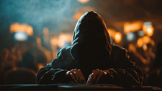 Hacker computer city lights night coding digital nomad internet cyber anonymous work