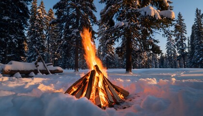 Radiant bonfire providing comforting heat and light in a deep, snow-covered forest during a cold evening