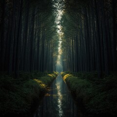 Sunlight streams through a dark forest illuminating a winding path