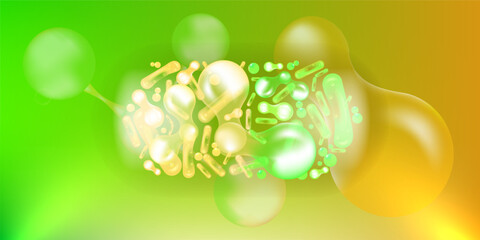 Probiotic and Hyaluronic acid skin solutions ad, green and gold collagen, and vitamin serum drops with cosmetic advertising background ready to use illustration vector.