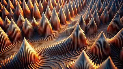 Abstract Sculpted Landscape of Interlocking Conical Forms Illuminated by Warm Golden Light