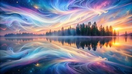 Serene Sunrise over a Still Lake with Dreamlike Celestial Swirls Reflecting in the Water