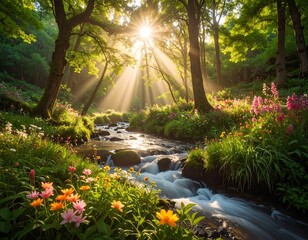 Sunlit forest scene with a flowing stream and colorful wildflowers