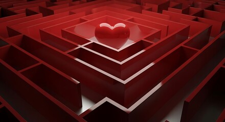 Abstract red geometric maze leading to a glowing heart symbol in the center