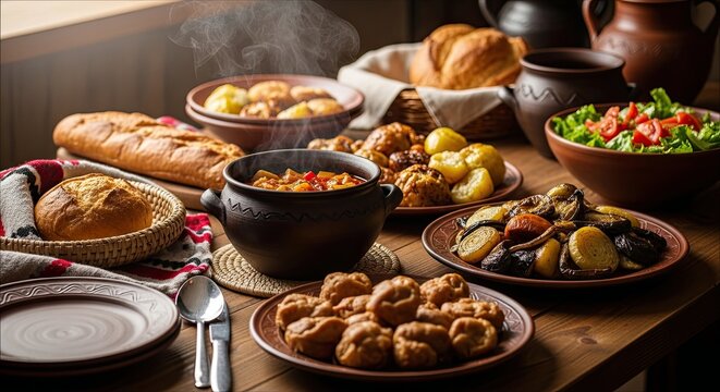 A table laden with a variety of cooked dishes, bread, and salad, creating a rustic and inviting atmosphere, illuminated by warm lighting.