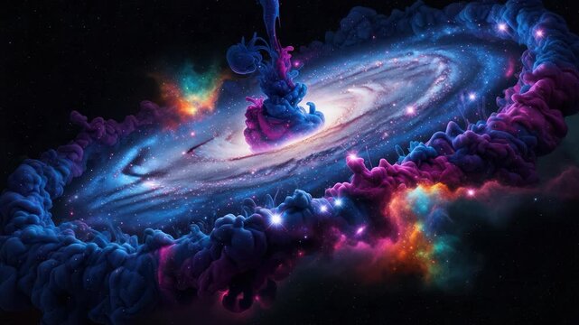 Cosmic ballet of nebulae and galaxies in deep space, with vibrant colors and dynamic swirling