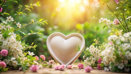 Serene white heart-shaped object nestled amongst blooming springtime flora bathed in sunlight's gentle glow