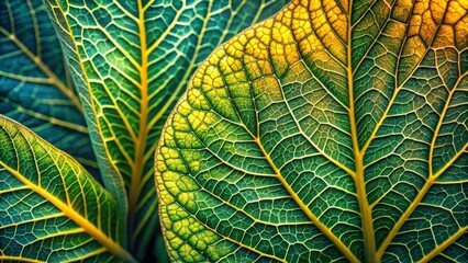 Intricate Leaf Veins A Close-Up View of Vibrant Green and Yellow Foliage Displaying Natural Patterns and Textures