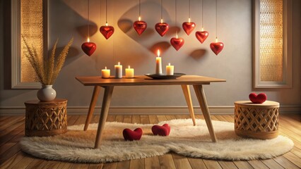 Romantic Evening Ambiance A Cozy Interior Scene Featuring a Wooden Table, Lit Candles, and Hanging Heart-Shaped Lights, Creating a Serene and Intimate Atmosphere