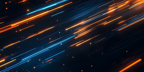 Abstract streaks of vibrant orange and electric blue light trails moving rapidly across a dark background creating a sense of speed and energy