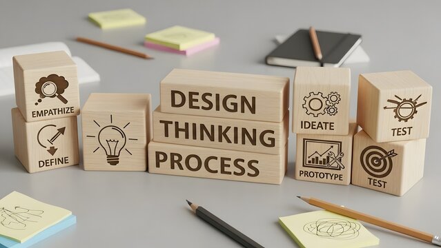 Design Thinking Process in Progress: Wooden blocks spell out Design Thinking Process, complemented by conceptual icons and stationery.