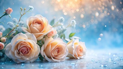 A Delicate Bouquet of Peach Roses with Frost-Kissed Accents on a Sparkling Blue Surface