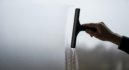 冬の掃除、窓の結露をスクイージー（ワイパー）で拭き取る手元、コピースペース