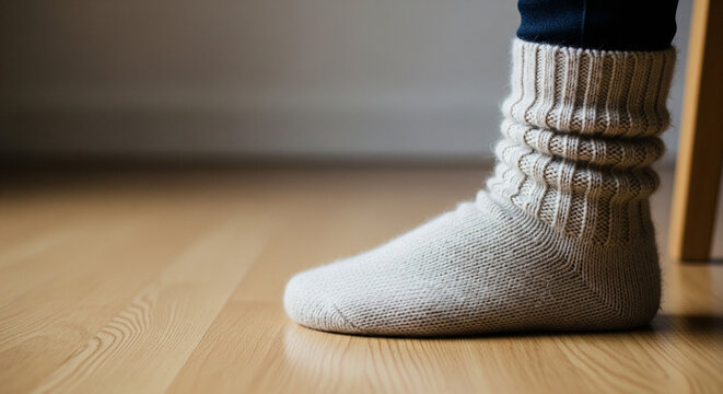 冬の冷え性対策、厚手の靴下を重ね履きして丸くなった女性の足元、コピースペース