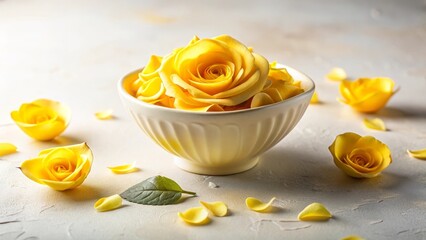 A bowl filled with delicate yellow rose petals and blossoms, scattered petals surrounding it on a light textured surface, a single leaf adding a touch of nature's elegance