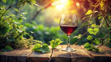 A glass of red wine rests on a rustic wooden surface, surrounded by lush green foliage in the warm glow of the setting sun, creating a tranquil and inviting scene.