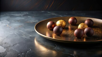 Dark Chocolate Sphere Confections Decorated with Golden Luster on a Polished Surface
