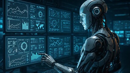 Robot analyzes data on multiple monitors in dark futuristic control room. Blue light emphasize technology concept and artificial intelligence environment. Humanoid robot by glowing holograms. - Powered by Adobe