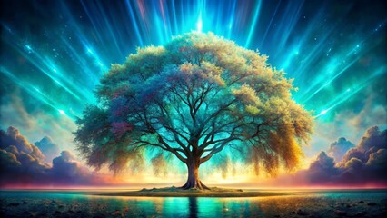 Serene Landscape Featuring a Majestic Tree Bathed in Vibrant, Ethereal Light Beams at Sunset