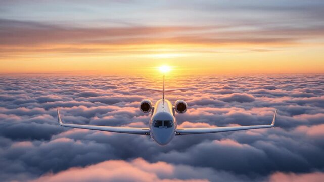 Luxurious private jet soaring above a sea of clouds during a breathtaking sunset flight experience