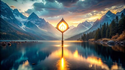 Serene Sunset Illumination of a Mountain Lake Featuring a Unique Abstract Structure