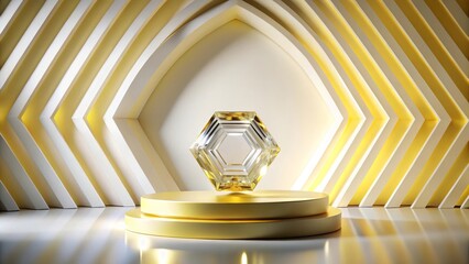 A Luxurious Golden Display Featuring a Sparkling Hexagonal Gemstone on a Two-Tiered Pedestal