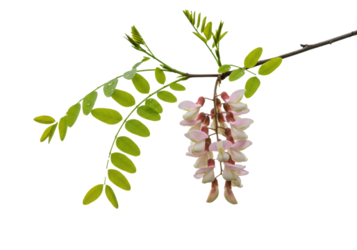A fresh young black locust branch with bright green pinnate leaves, pale pink pea-like flowers and dew drops, against a transparent studio background. Concept of spring botanical freshness