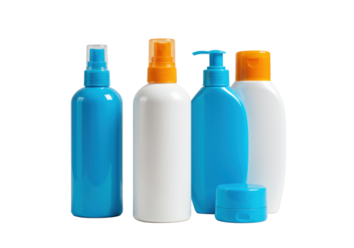 Four plastic sun protection bottles, two glossy blue, two matte white, with bright blue spray/pump caps, on a transparent background with soft shadows. Concept of summer skincare