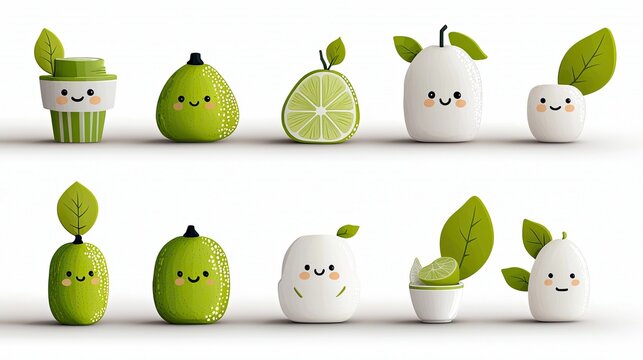 A collection of cute cartoon fruits and vegetables, including limes, lemons, and leaves, arranged in a row on a clean white background. The characters have happ