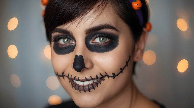 Expressive Halloween portrait featuring detailed skeleton facepaint on a smiling woman with warm bokeh lights creating a festive and atmospheric seasonal mood