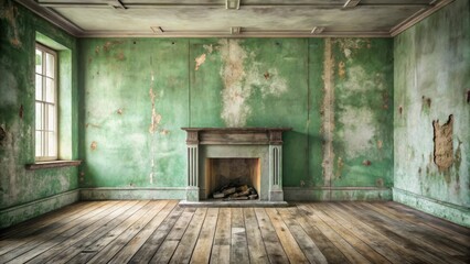 A forgotten room, weathered walls, and a silent fireplace, hinting at stories untold and time's gentle decay.