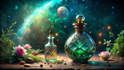 Enchanted Elixirs Under a Celestial Canopy Mystical Potions and Glowing Herbs Rest on a Rustic Wooden Surface