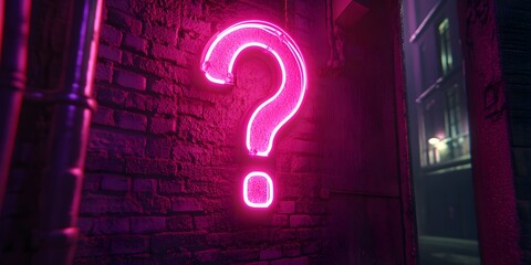 Vibrant pink neon question mark glowing brightly against a dark brick wall in a dimly lit urban alleyway at night