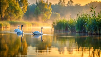 Serene Sunrise Three Graceful Swans Glide Across a Misty Lake at Dawn, Reflected in Golden Waters