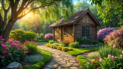 Serene Garden Sanctuary A Wooden Cabin Nestled Amidst Vibrant Blossoms and a Sun-Dappled Stone Path