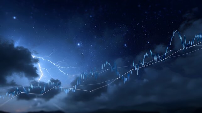 Financial market chart showing upward trend amidst a dramatic stormy sky with lightning and stars