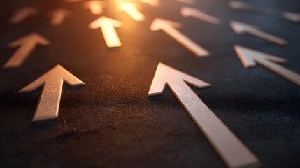 Golden arrows point upwards on a dark textured surface symbolizing progress growth and forward momentum in warm soft light