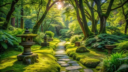 Serene Stone Path Winding Through a Lush Mossy Garden Bathed in Sunlight