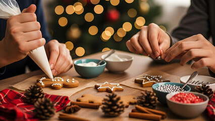 woman preparing a cake, Women decorate Christmas gingerbread cookies together at home table. Festive, sweet food preparation with icing and sprinkles. Winter holiday baking tradition.