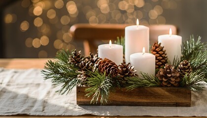 Rustic wooden centerpiece with lit white candles, pinecones, and fir branches for a cozy Christmas