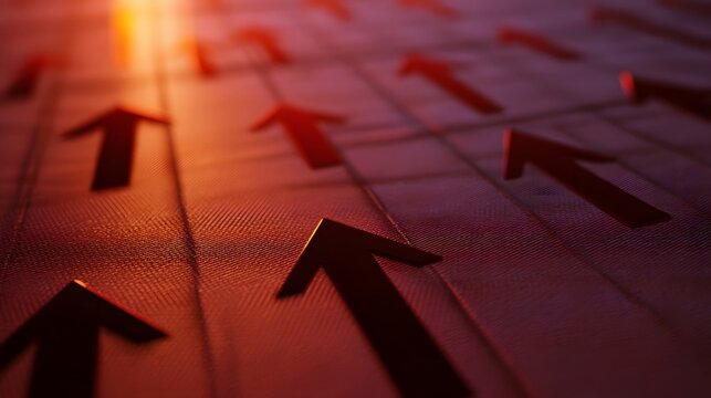 A grid of dark upward pointing arrows illuminated by warm light symbolizing growth and progress