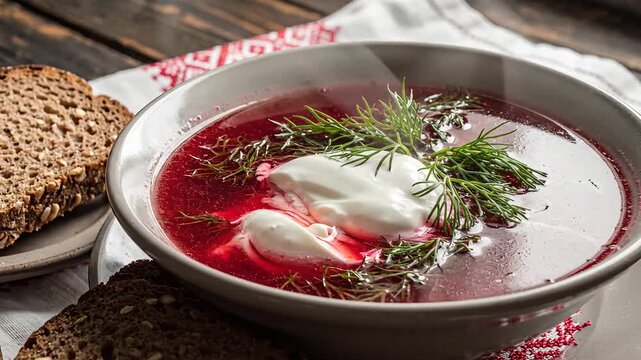 Hearty Bowl of Borscht with Rye Bread A Culinary Delight.